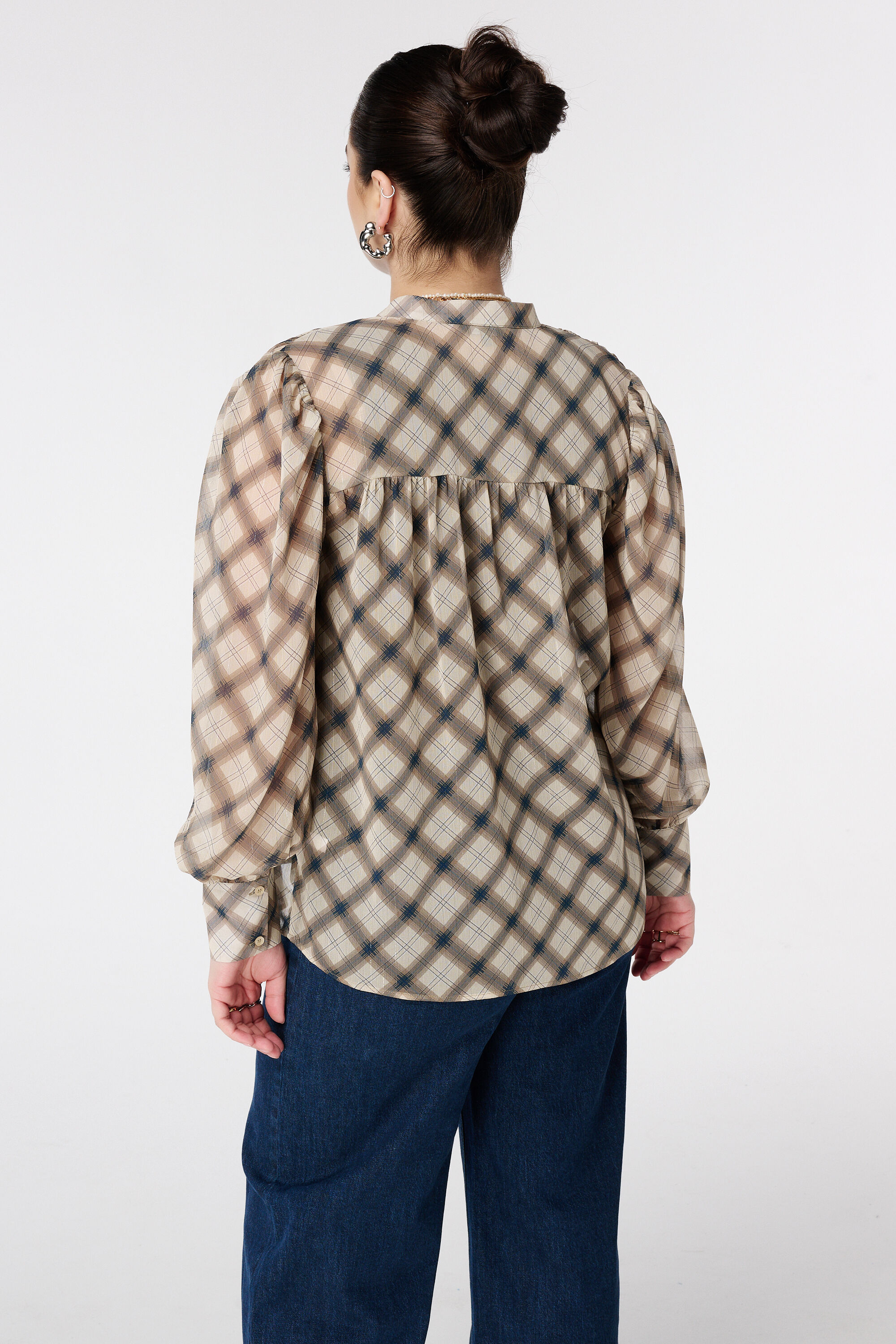 Karierte Bluse mit Ballon&auml;rmeln image number 3