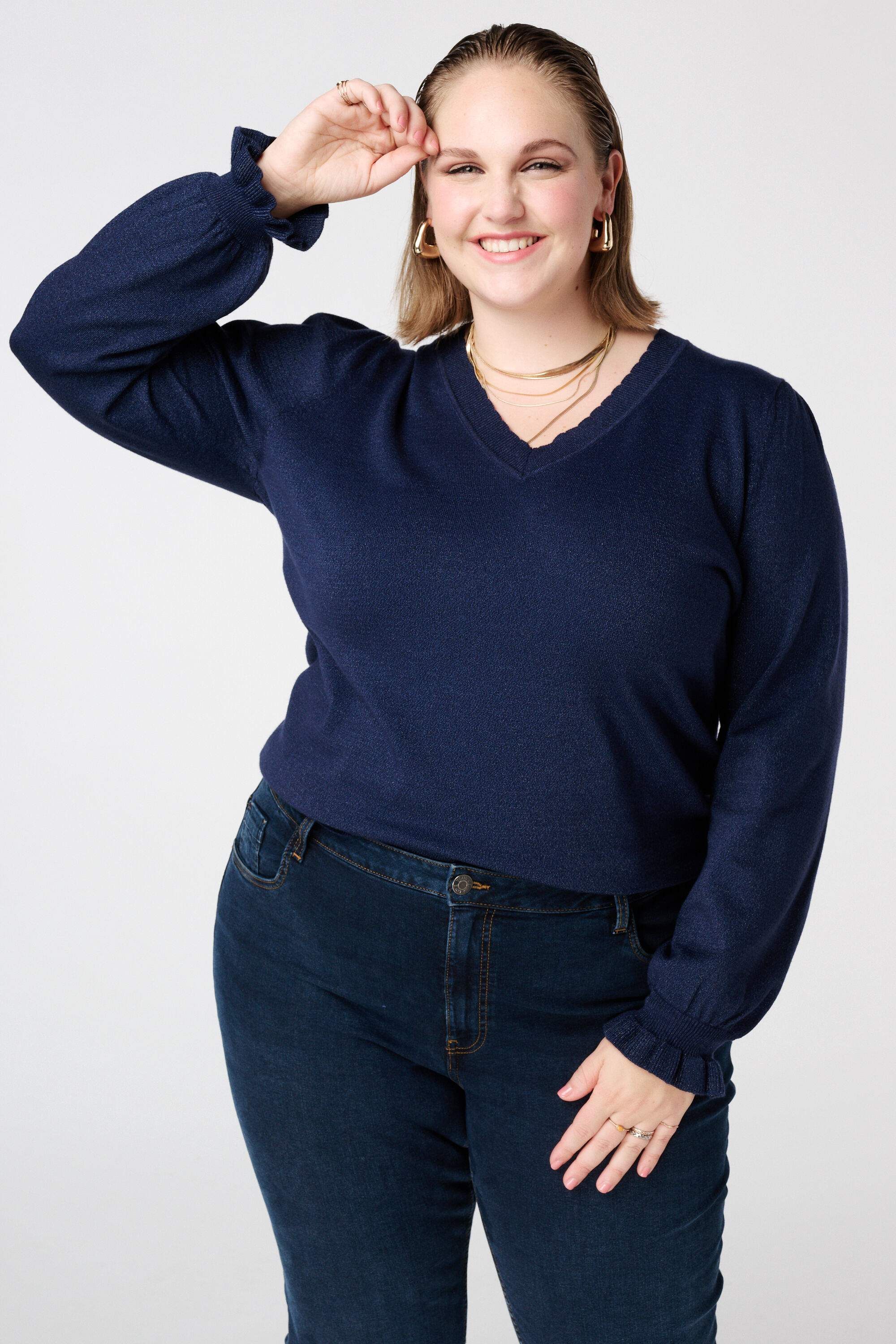 Lurex-Pullover mit R&uuml;schen&auml;rmeln