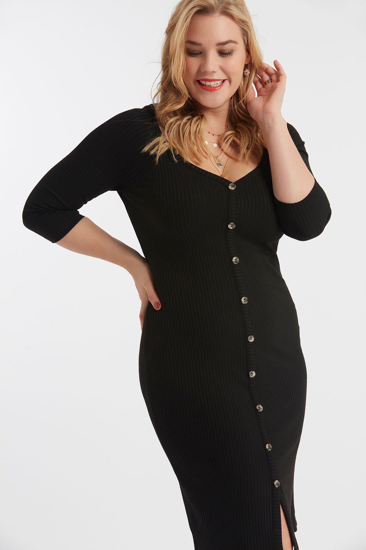 Feinstrick-Kleid im Ripp-Design mit Kn&ouml;pfen image number 3