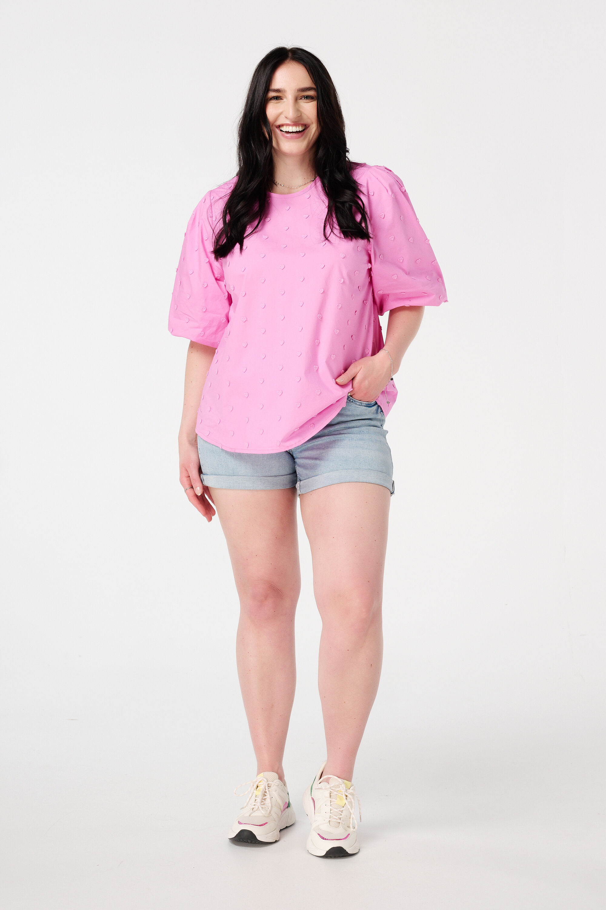 Bluse mit gestickten Herzen und Dreiviertel-&Auml;rmeln image number 5