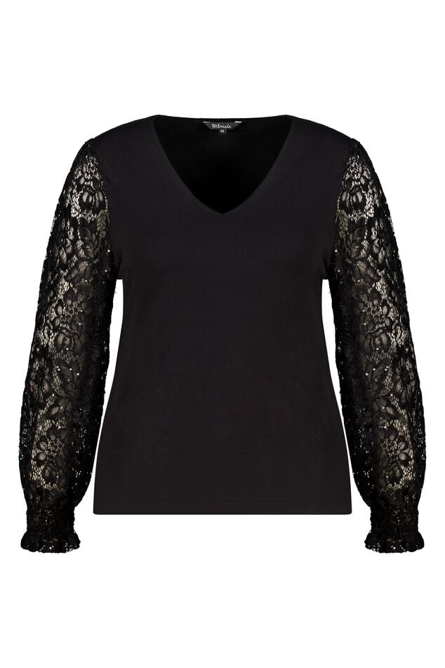 Pullover mit Spitzenärmeln und Pailletten image number 1