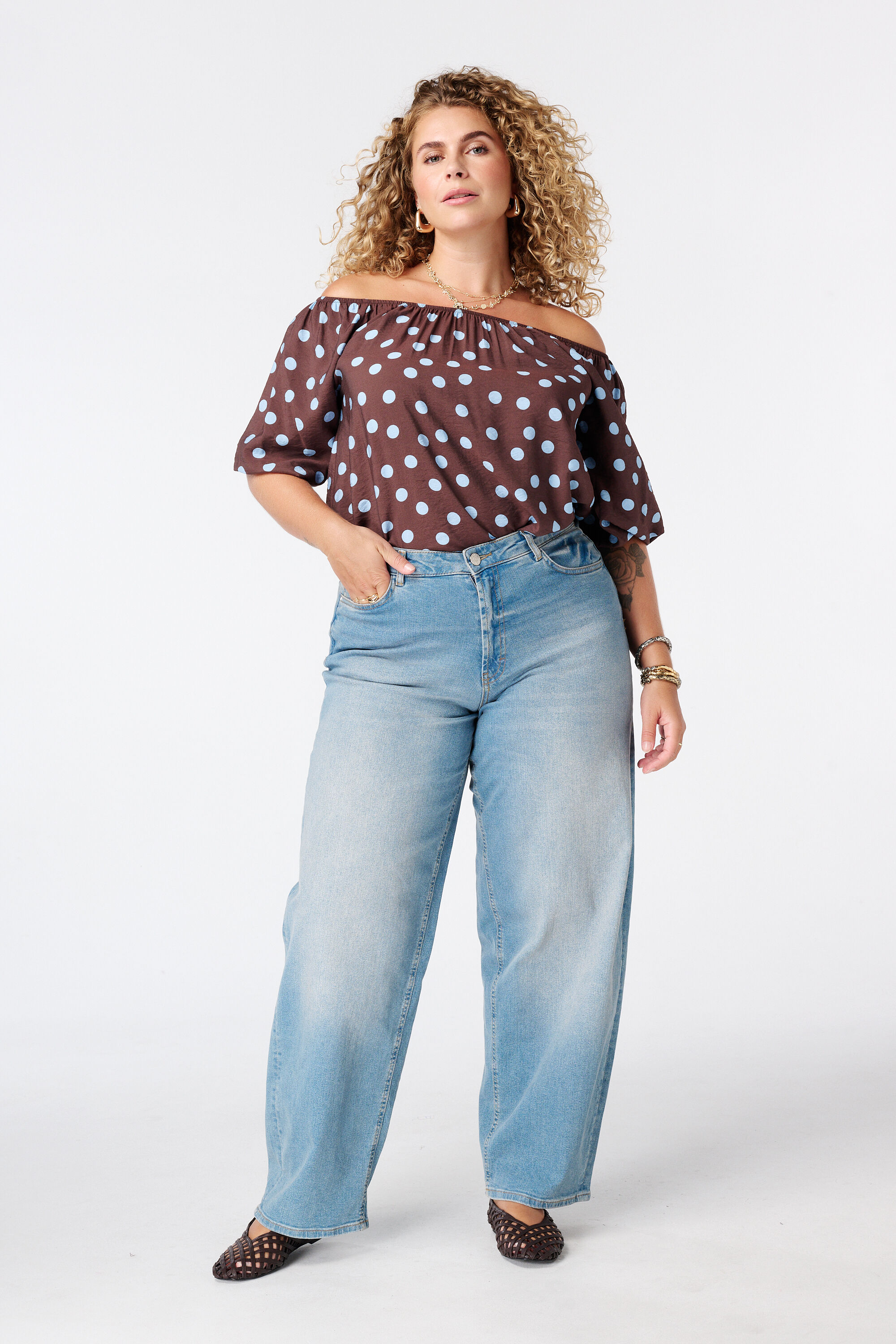 Schulterfreie Bluse mit Polka Dot Muster image number 3