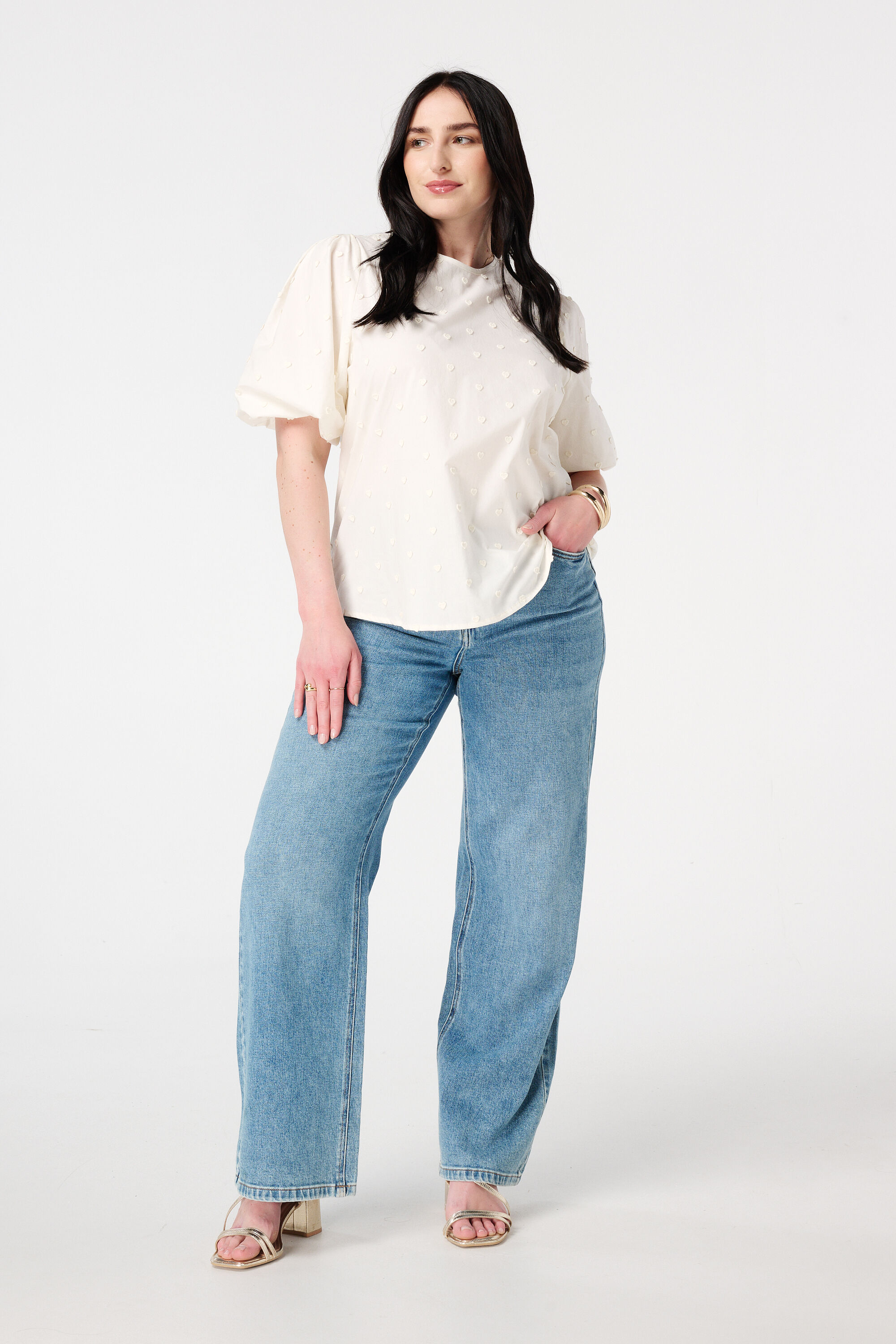 Bluse mit gestickten Herzen und Dreiviertel-&Auml;rmeln image number 5