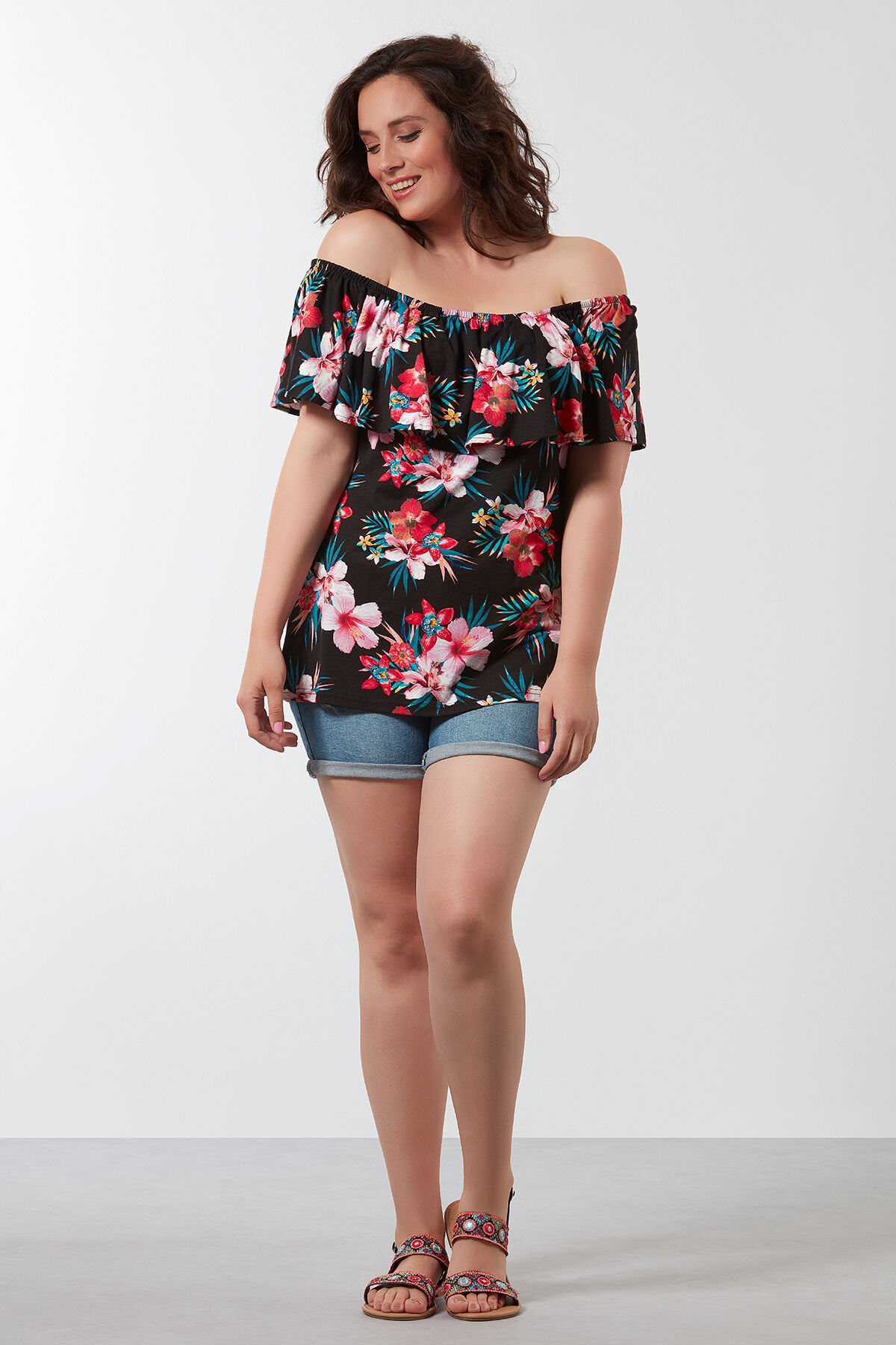 Schulterfreies Top mit Blumen-Print image number 3