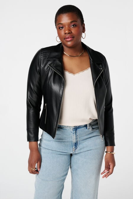 Elegante Lederlook-Jacke mit silbernen Akzenten Elegante Lederlook-Jacke mit silbernen Akzenten