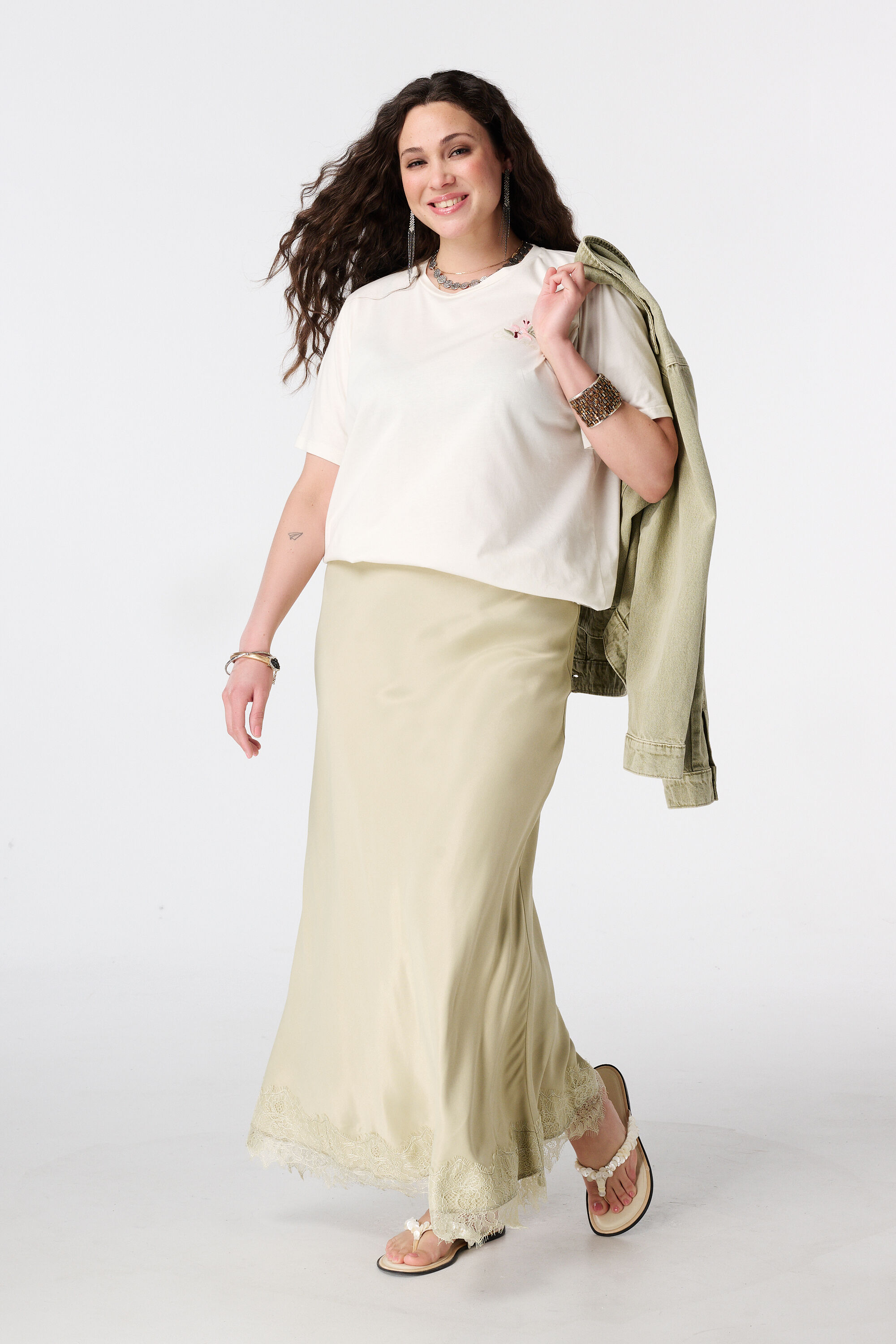 Satin Midi Rock mit Spitze image number 0