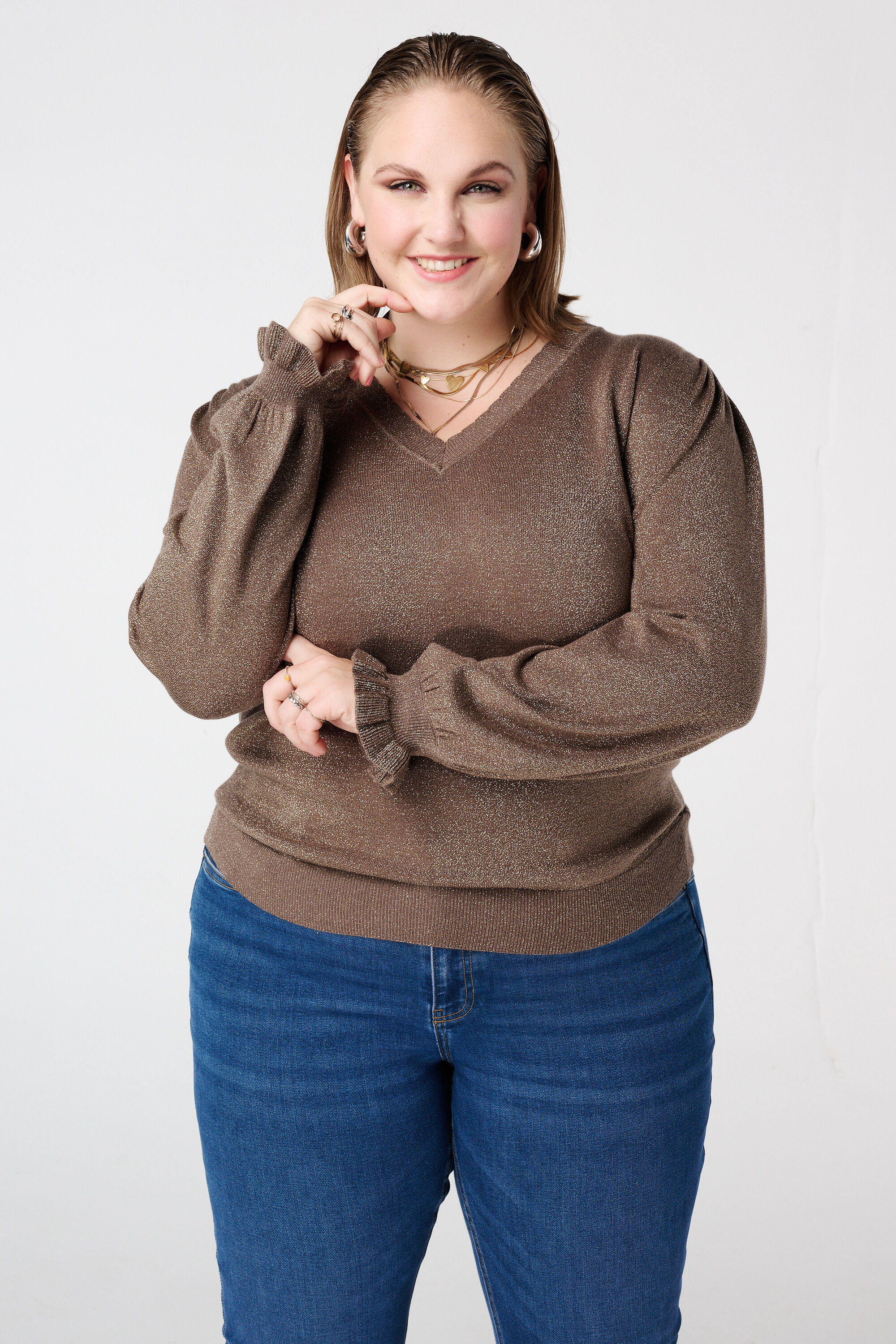 Lurex-Pullover mit R&uuml;schen&auml;rmeln