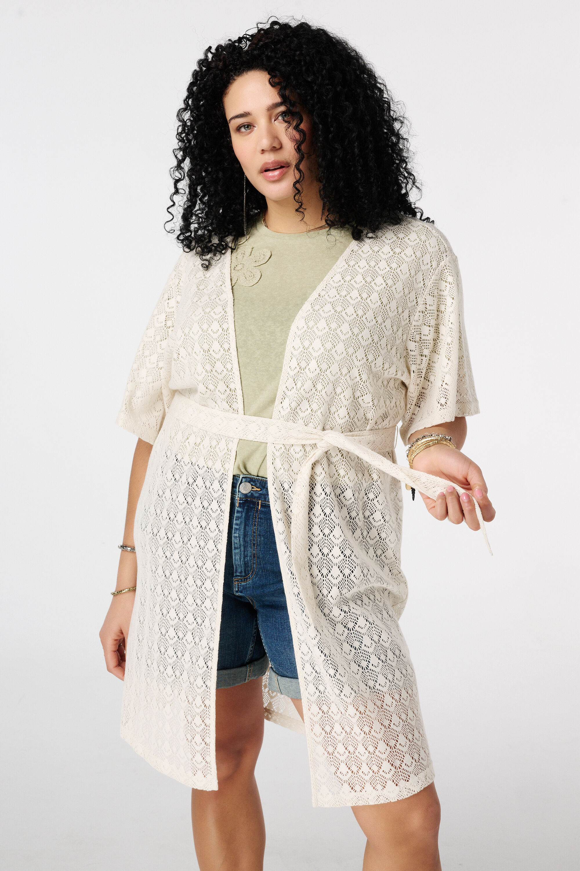 Lange Strickjacke mit Bindeg&uuml;rtel