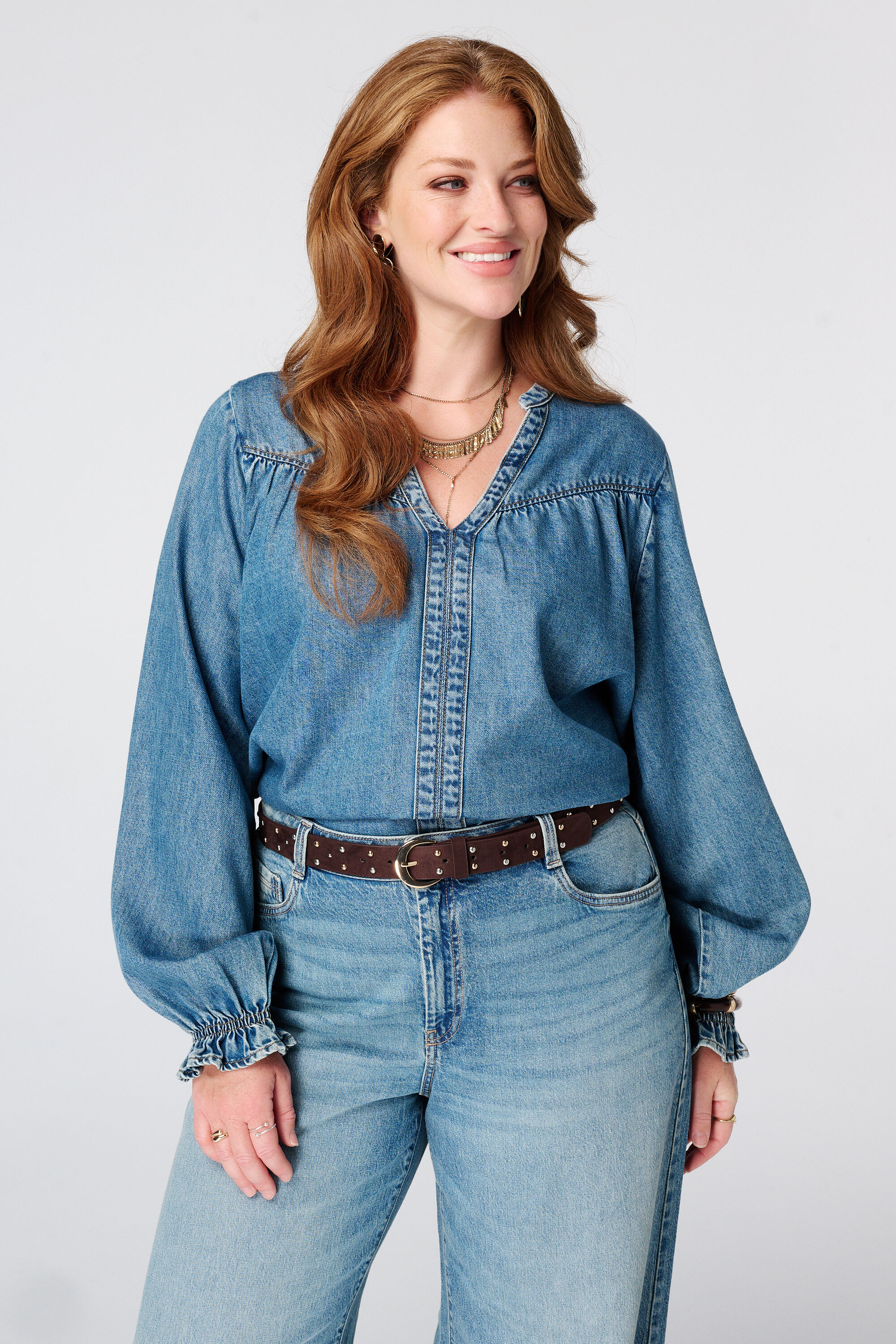Jeansbluse mit Trompeten&auml;rmeln