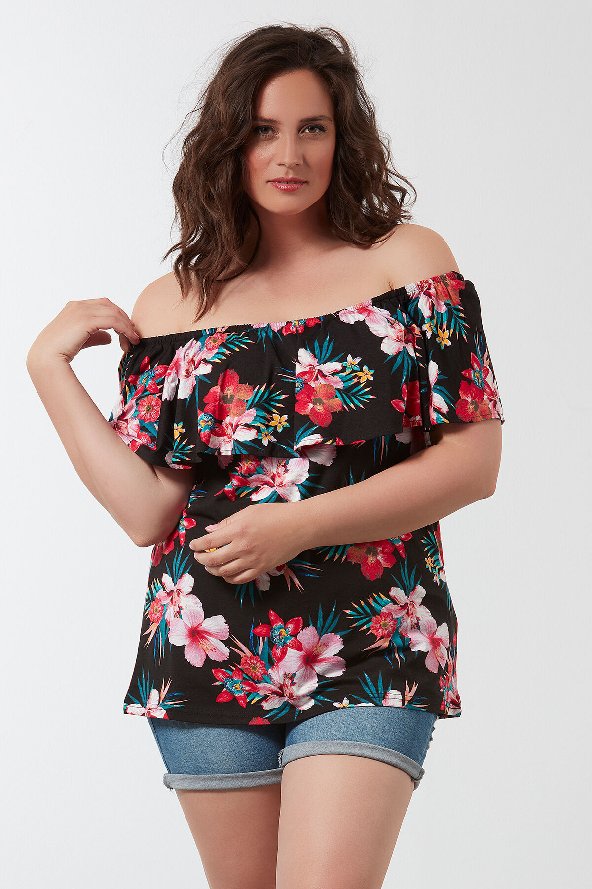 Schulterfreies Top mit Blumen-Print image number 0