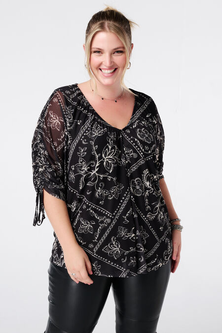 Bluse mit Print und Kordelzugärmeln Bluse mit Print und Kordelzugärmeln