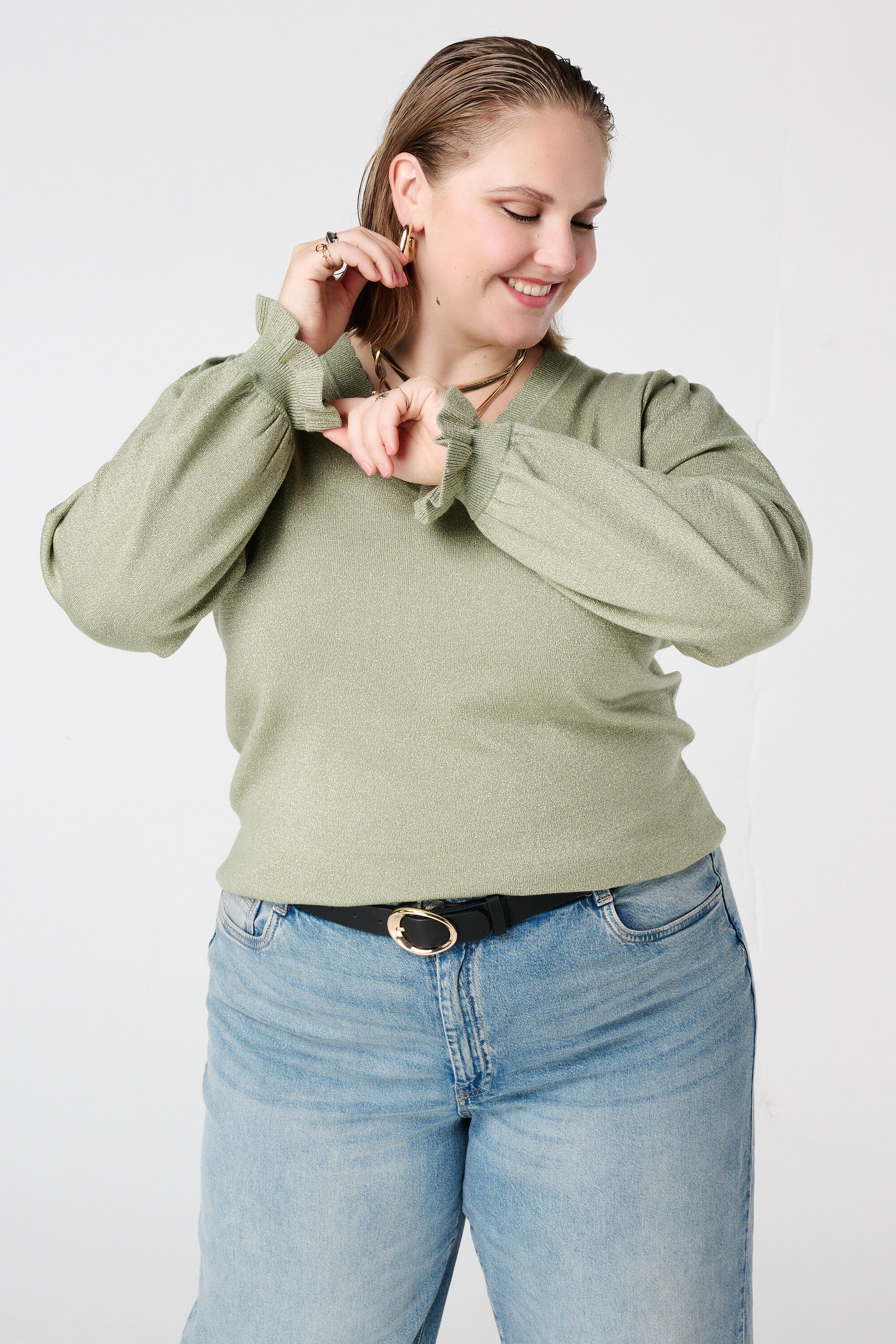 Lurex-Pullover mit R&uuml;schen&auml;rmeln