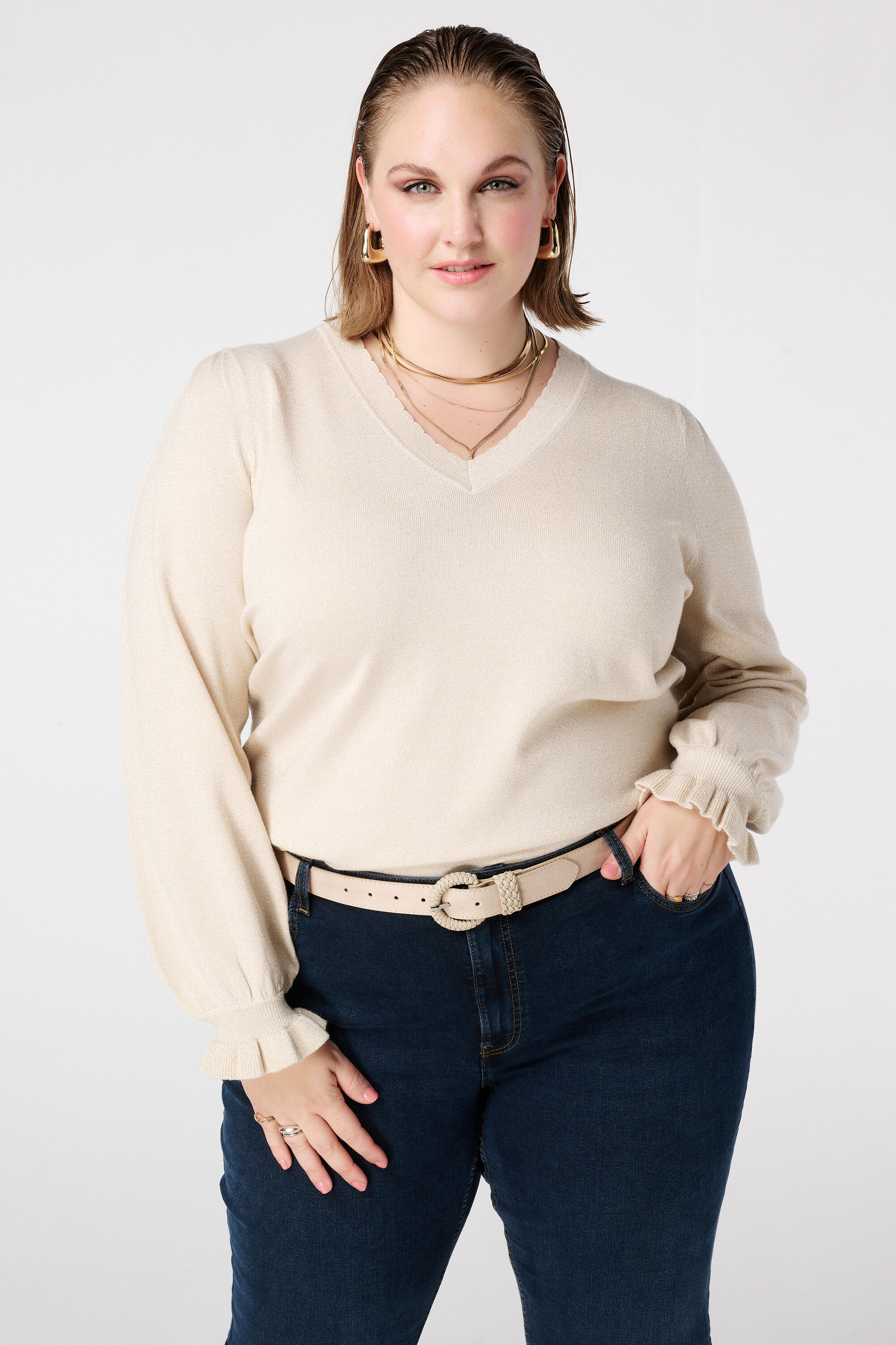 Lurex-Pullover mit R&uuml;schen&auml;rmeln