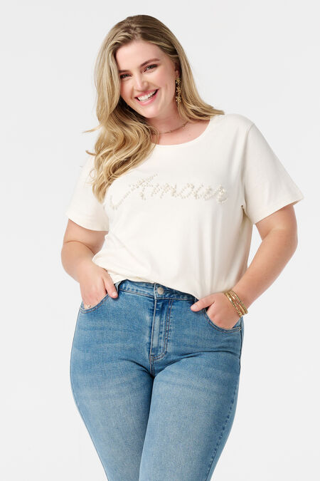 T-Shirt mit Text-Print aus Kunstperlen  T-Shirt mit Text-Print aus Kunstperlen