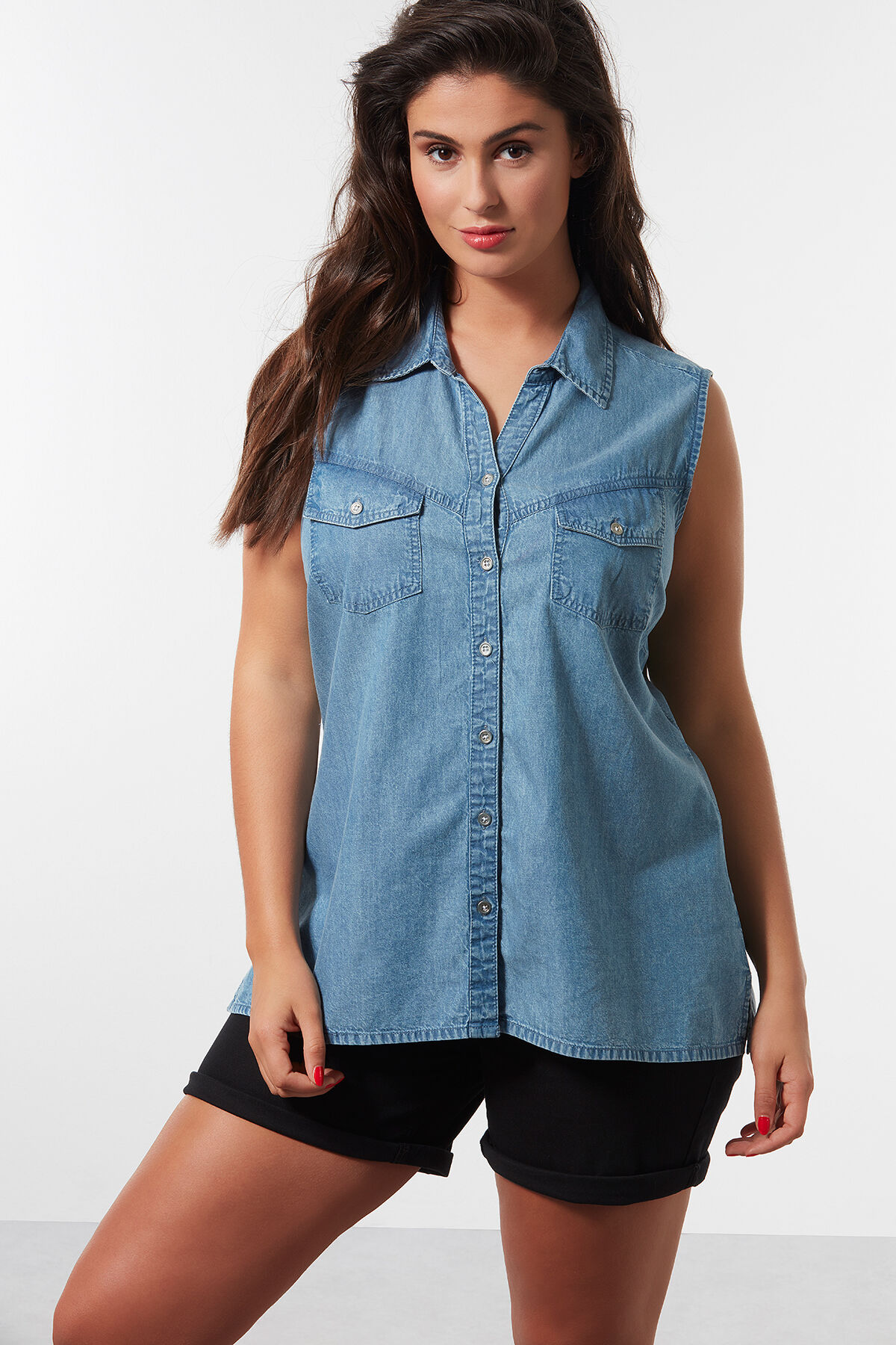 &Auml;rmellose Jeans-Bluse mit Stickerei image number 3