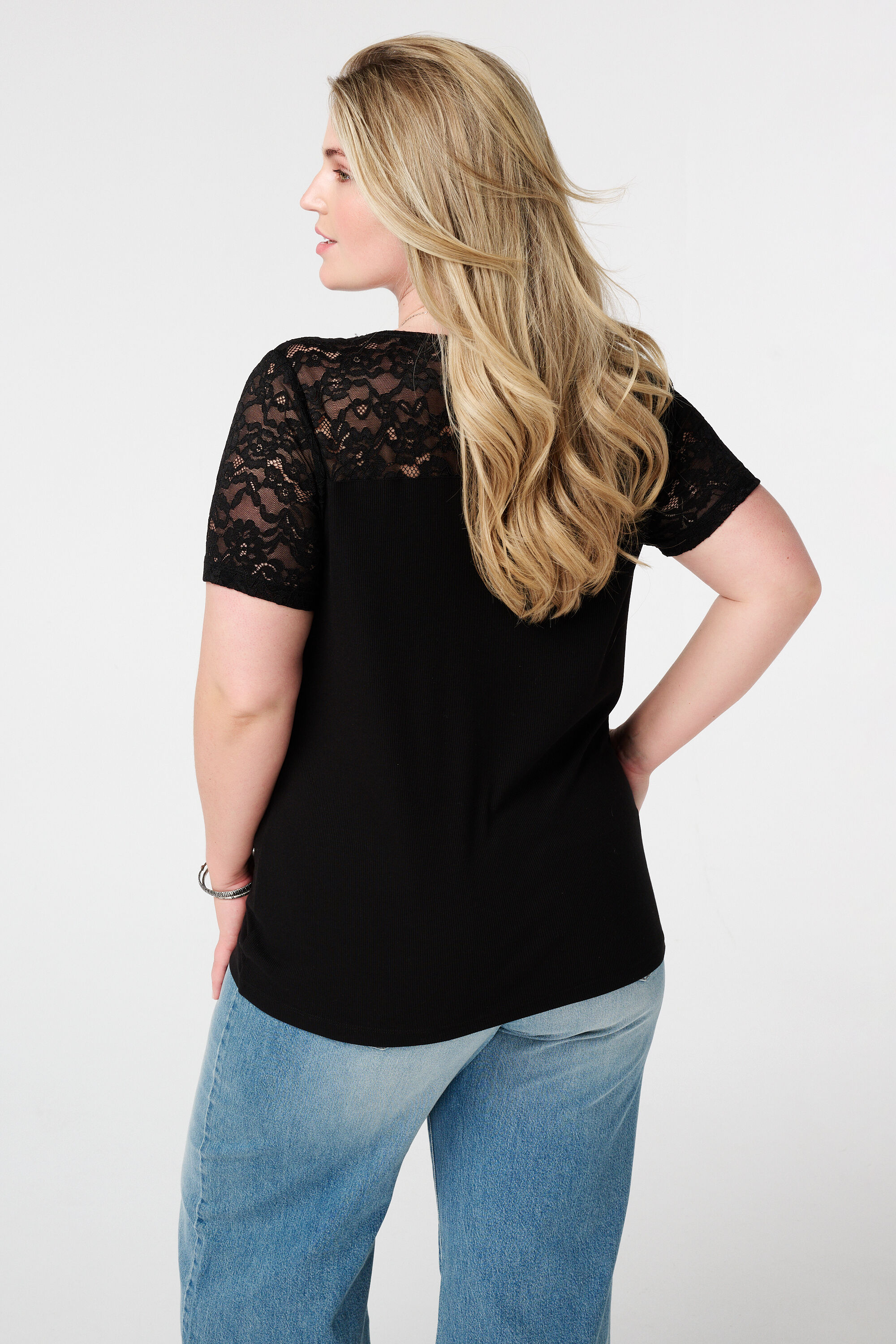 Rippen-T-Shirt mit Spitze image number 3