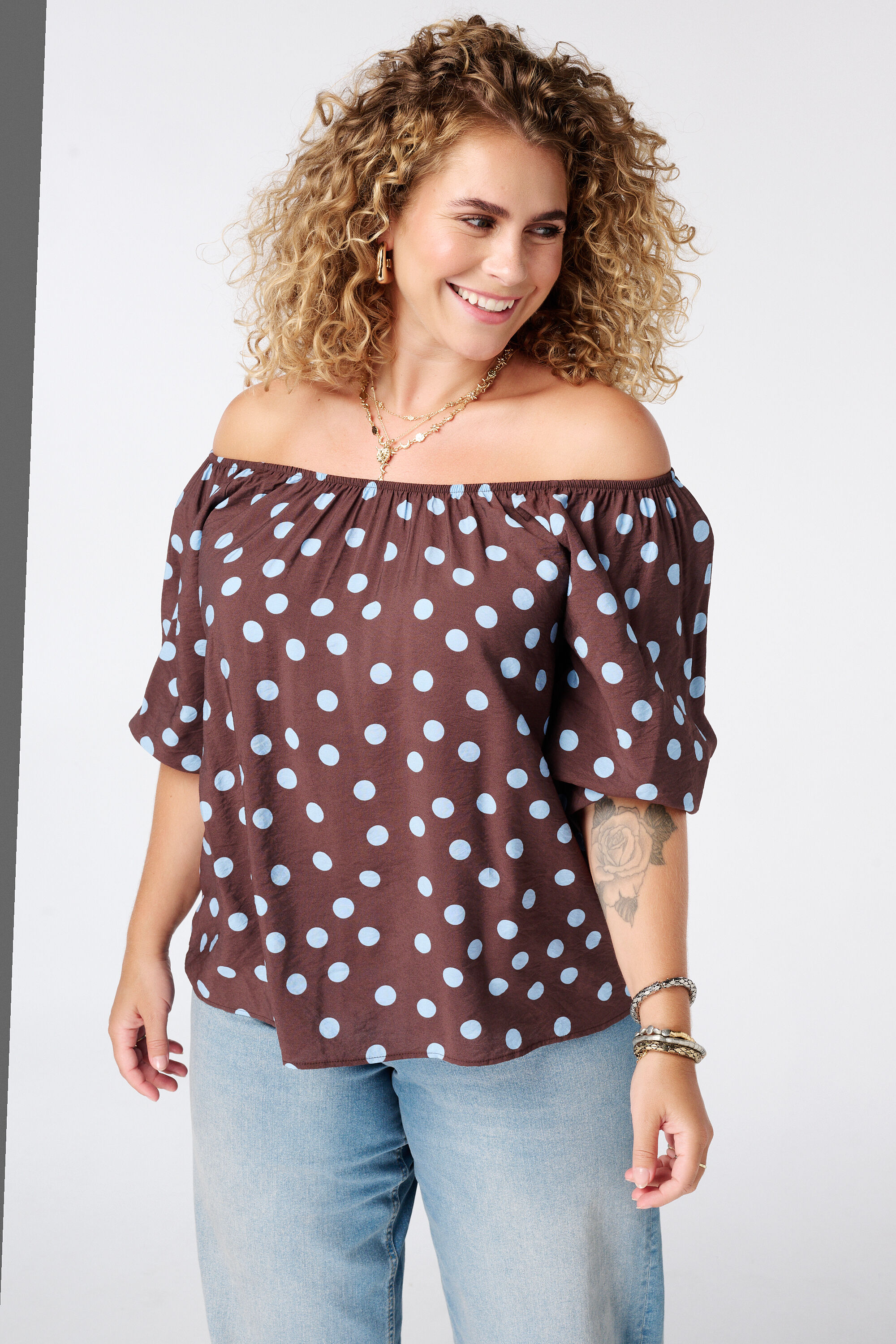 Schulterfreie Bluse mit Polka Dot Muster