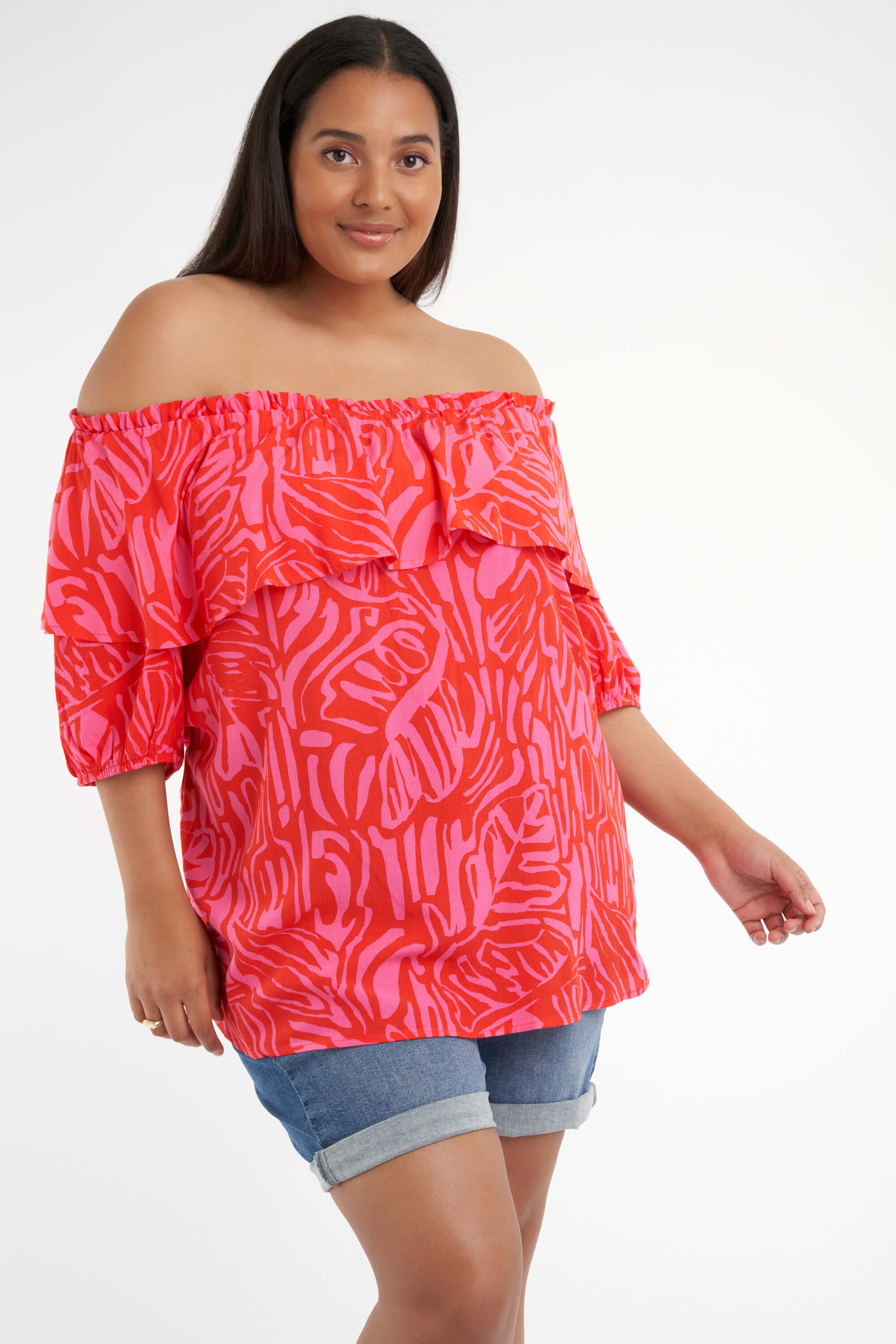 Schulterfreie Bluse mit Print  image number 5