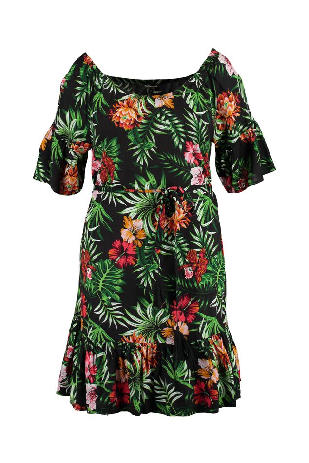 Schulterfreies Kleid mit Print image number 1