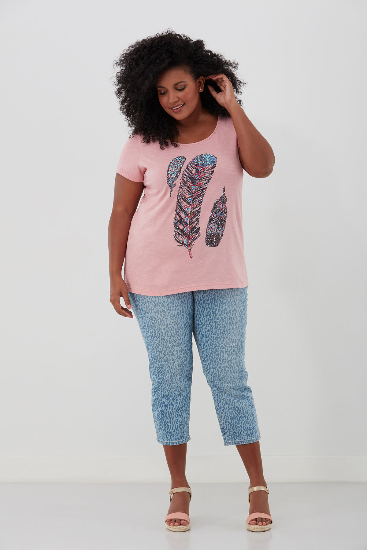 Basic-T-Shirt mit Feder-Print image number 3