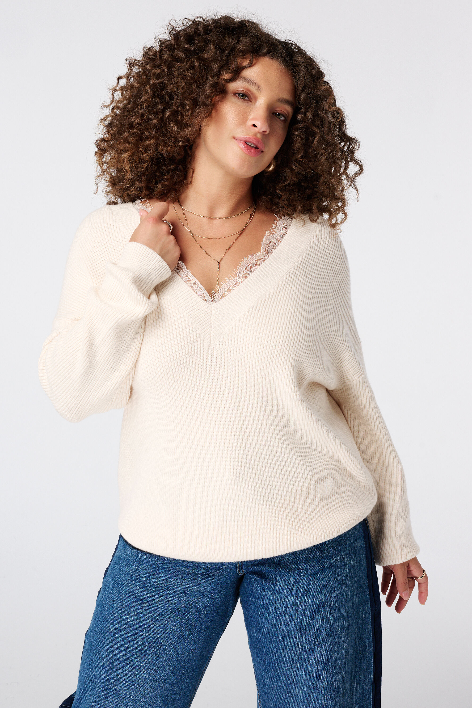 Pullover mit V Ausschnitt und Spitze