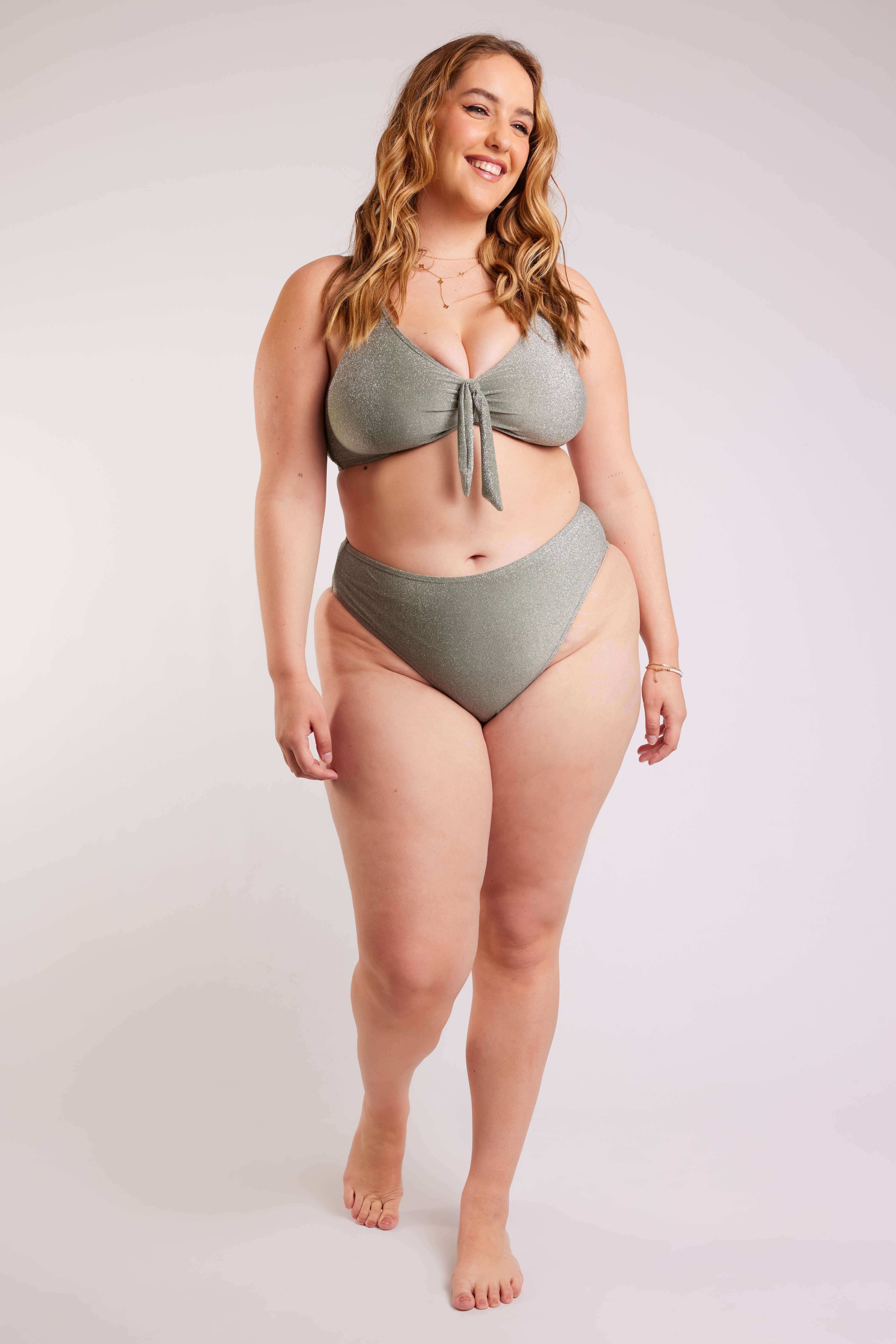 Damen Hoch geschnittenes Bikini Unterteil mit Glitzer Hell khaki MS Mode