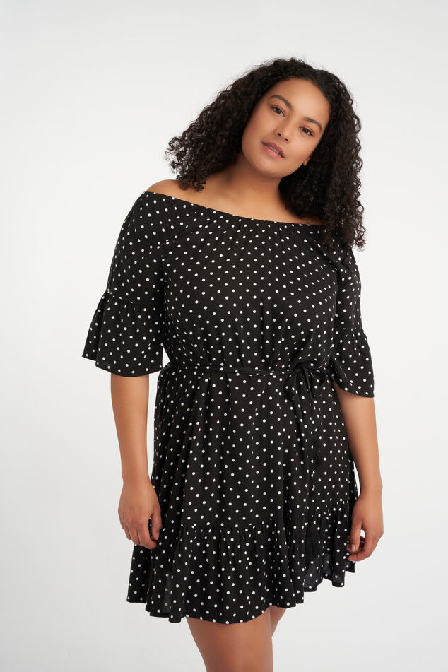 Schulterfreies Kleid mit Print image number 0