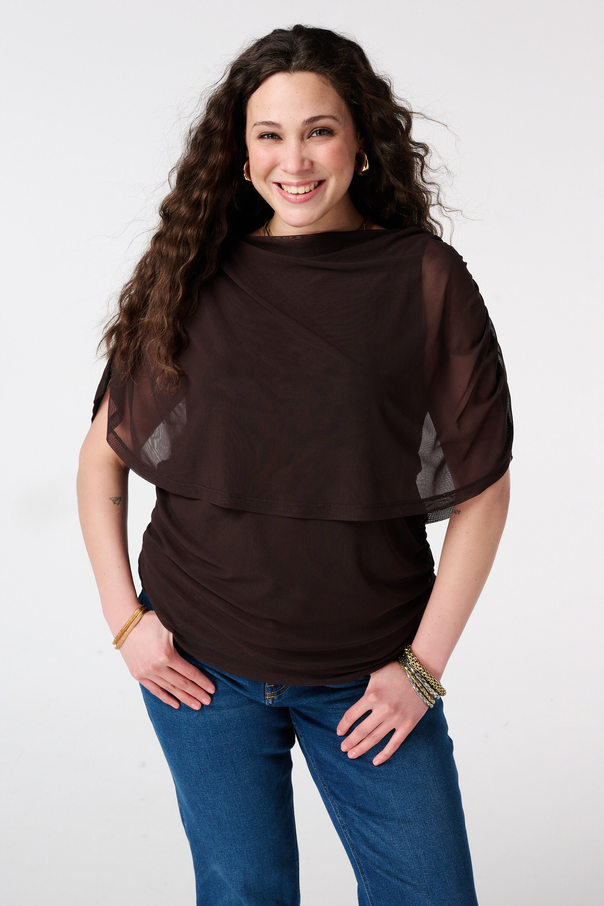 Mesh-Top mit drapierten &Auml;rmeln