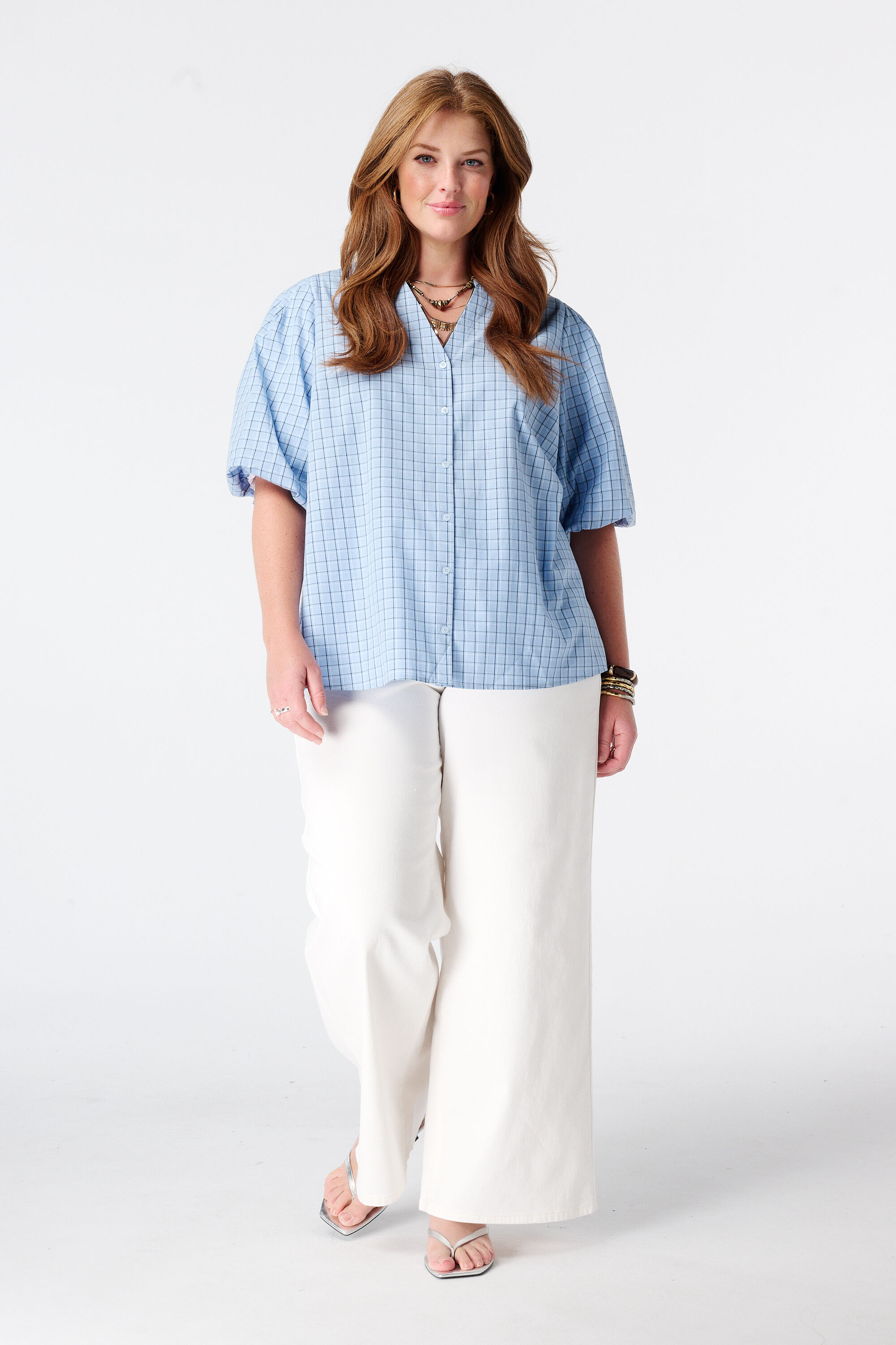 Karierte Bluse mit Puff&auml;rmeln image number 5