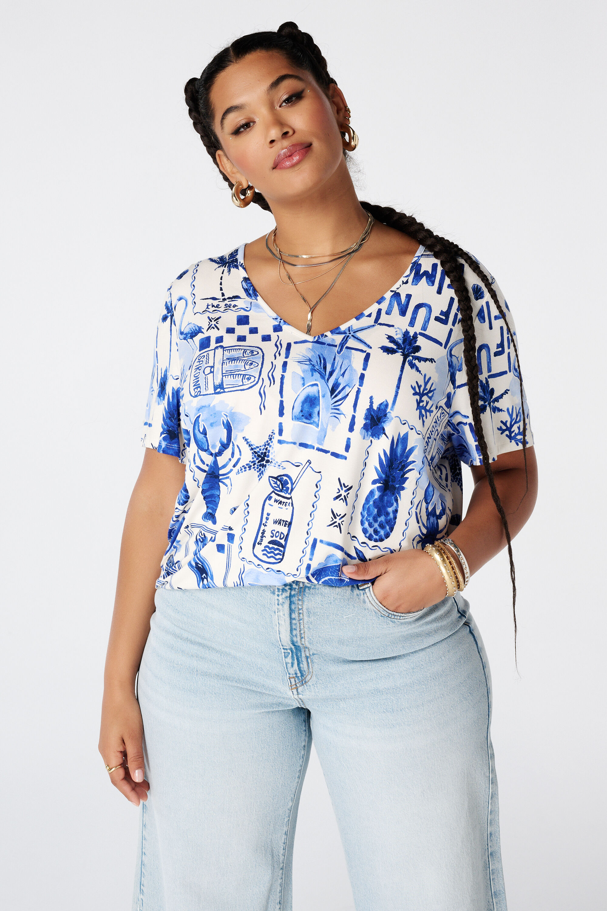 Top mit Print und V Ausschnitt