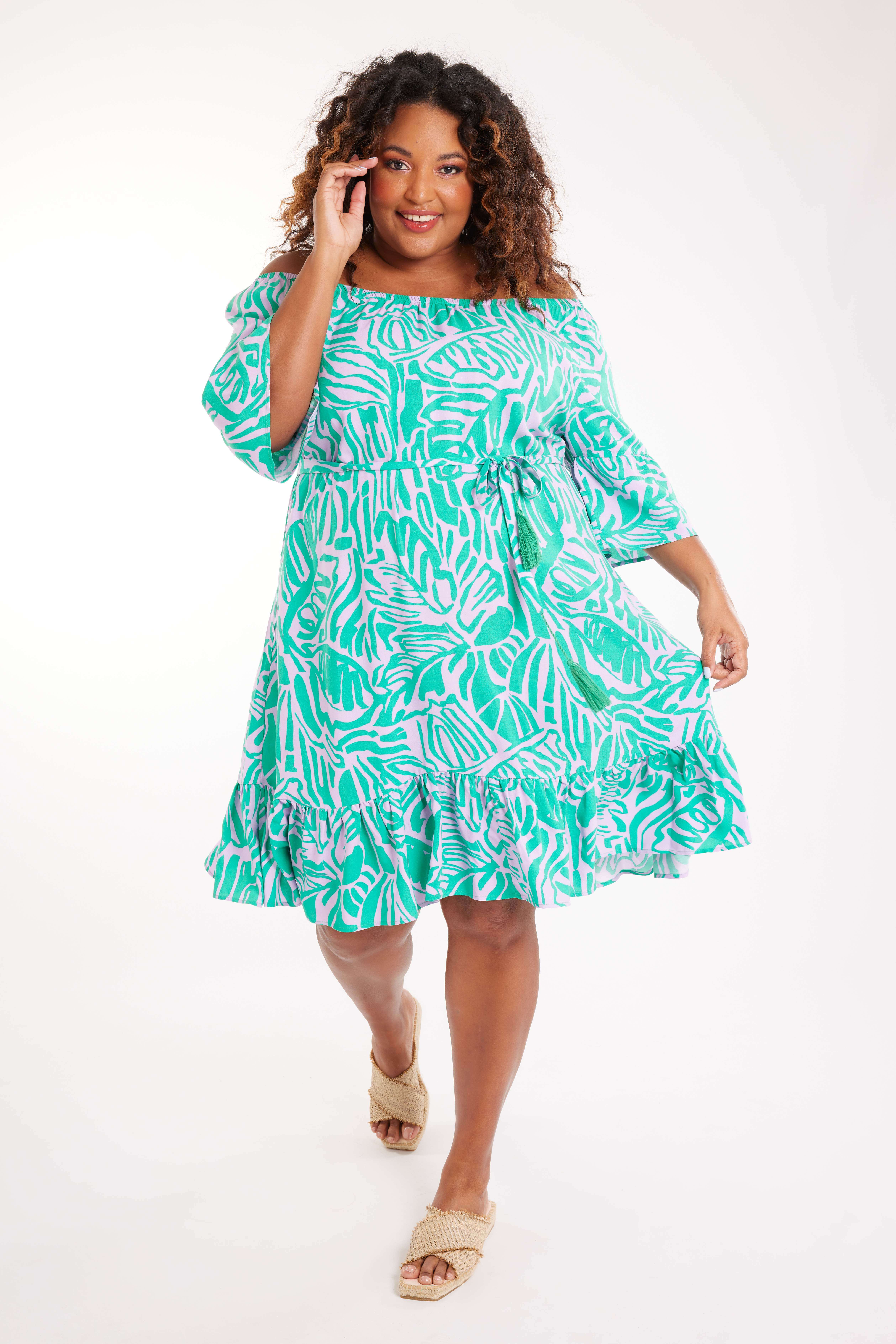Schulterfreies Kleid mit Print image 6